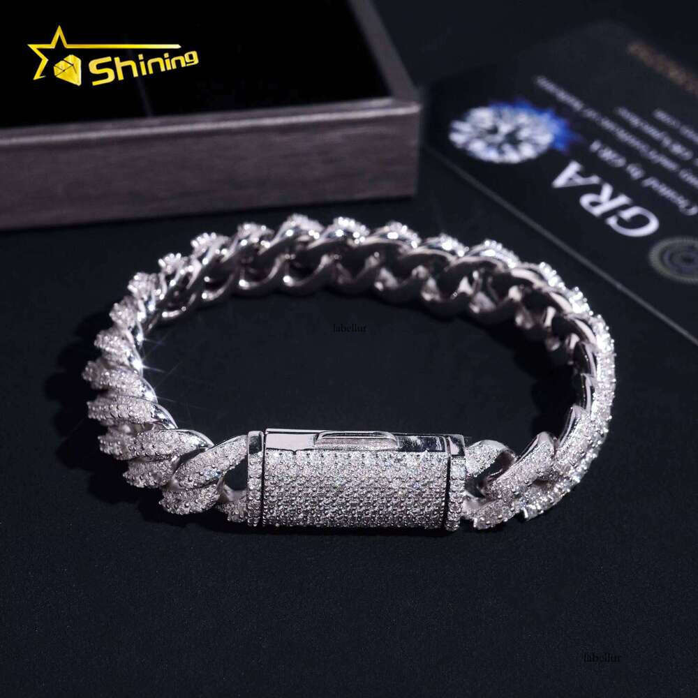 Hip Hop GRA Certificate 13mm Moon Shape Silicon Stone Cuban Chain Bracelet Sterling Sier Men's Boutique Jewelry