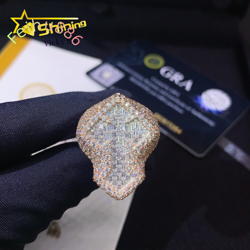 Best Selling Iced Out Hip Hop baguette Diamond Ring 925 Sterling Silver Moissanite Cross Ring Custom Rings for Men