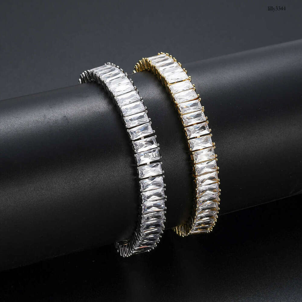 Sterling Silver Micro-Inlaid Square Zircon Row Hip-Hop Punk Trendy Brand Men's Bracelet