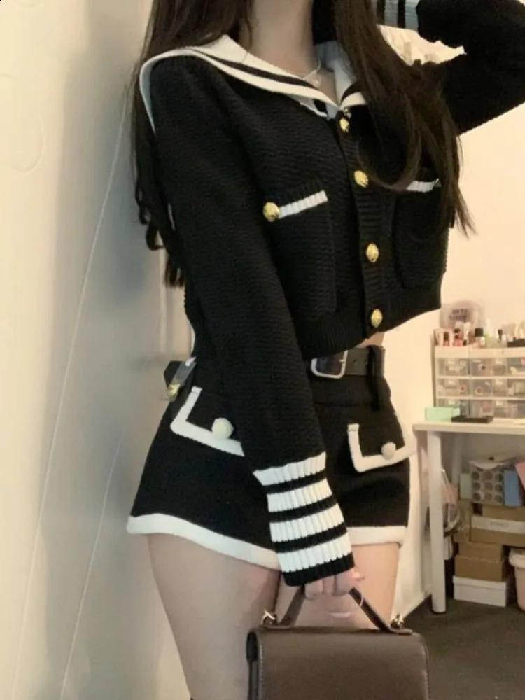 Sweet Sailor Collar Long Sleeve Knitted Cardigan Tops High Waist Slim Fit Shorts for Women Autum Two Piece Sets 250809