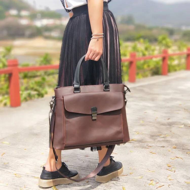 New Vintage Women Horizontal Literary Handbag Multifunction 14" Laptop Bag Dress OL Fashion Leather Business Briefcase