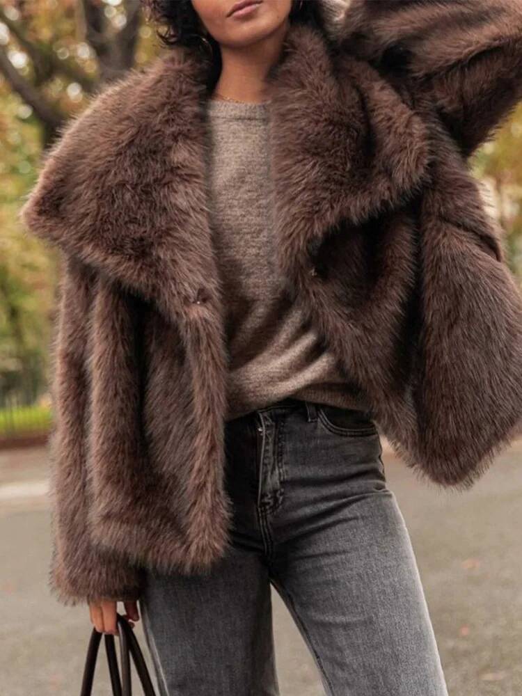 2025 Autumn Winter Casual Street Coat Women Brown Big Lapel Faux Fur Fashion Fluffy Long Sleeved Thick Warm Fury Jacket
