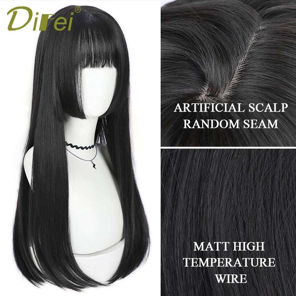 Natural Long Straight Synthetic Black With Bangs Lolita Cosplay Hair Wigs For Women Heat Resistant Fiber Daily Party Wig Fem