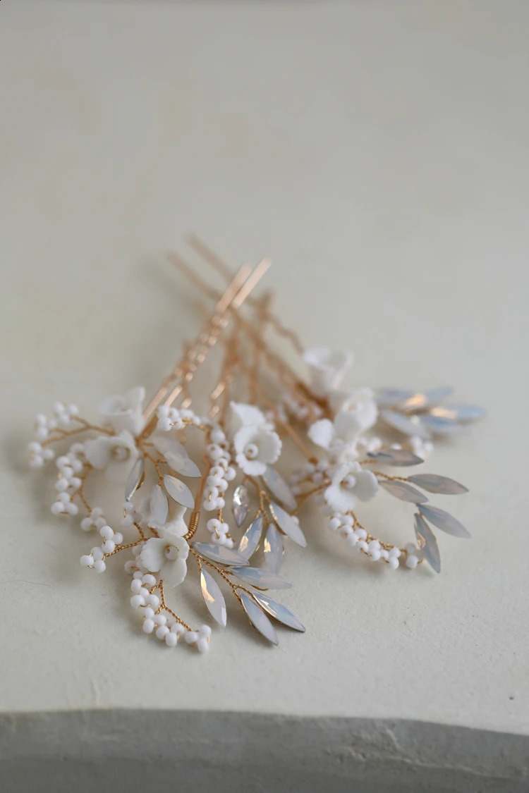 Porcelain Flower Hair Pins Clips Opal Head Pieces Gold Silver Color Hairpins For Brides Women Bridal Jewelry Wedding Accessories 250807