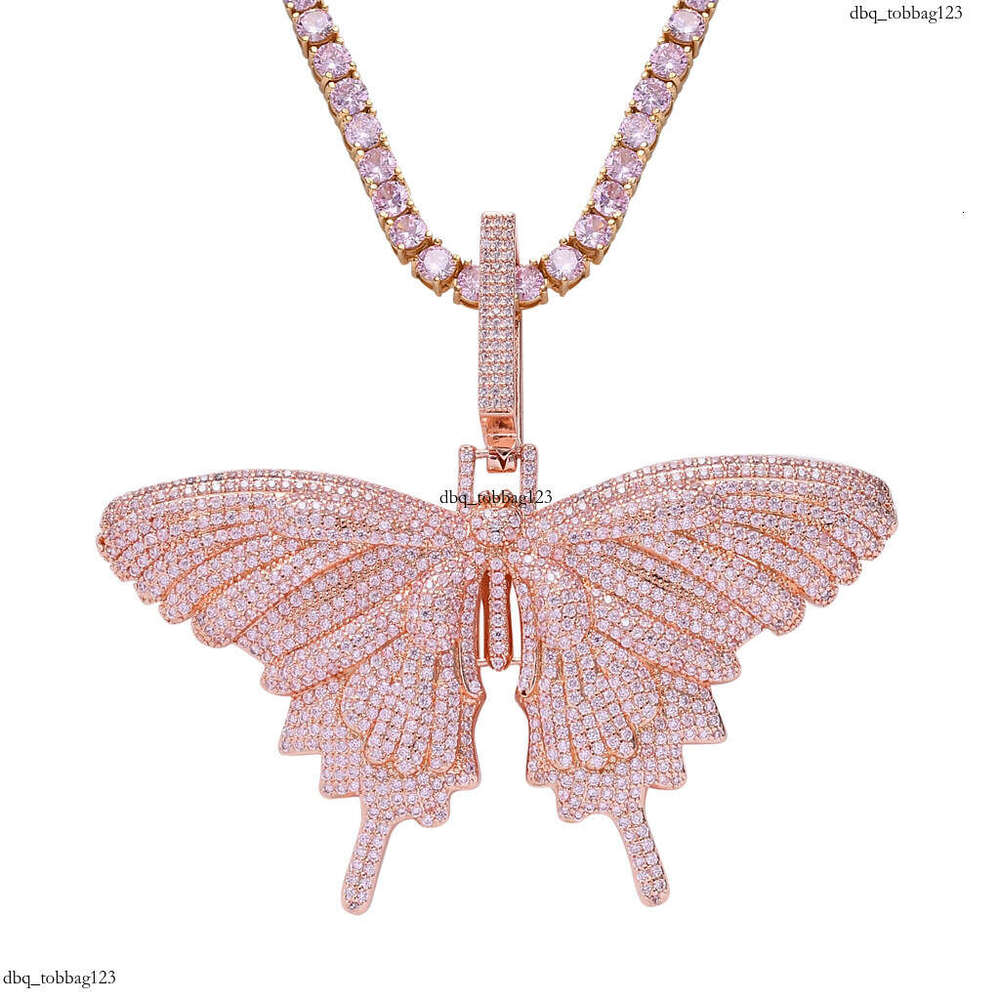 Pink Moissanite chain Pendant Rap Personality Exaggerated Large Butterfly Unisex Hip Hop Necklace