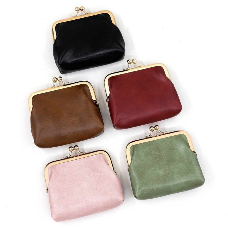 Vintage Oil Leather Iron Clip Exquisite Coin Purse Large Capacity Lipstick Bag Luxury Bag Candy Color Mini Clutch Coin Bag Earphone Bag