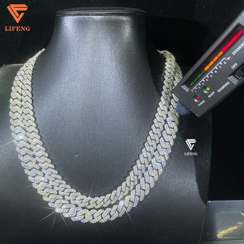 VVS Fine Jewelry Mens 10-12mm Cuban Link Chain Necklace White Gold Plated 925 Sterling Silver with Moissanite Hip Hop Style