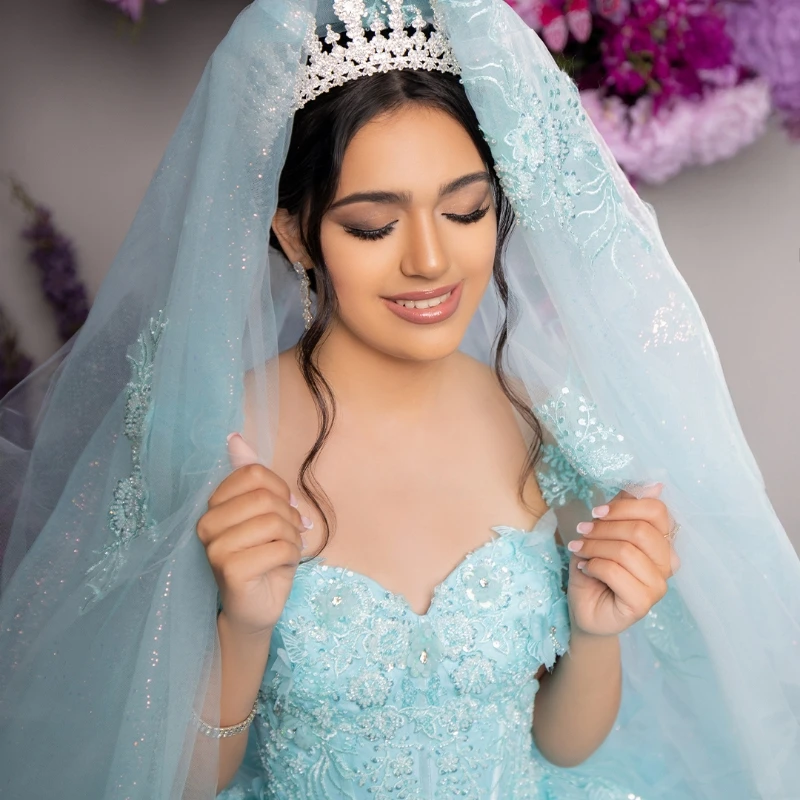 Water Blue Shiny Quinceanera Dresses Ball Gown Off Shoulder Applique Lace Beads Tulle Party Princess Vestidos 15 XV Anos Sweet 16 Dress