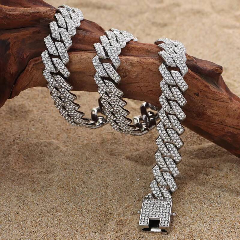 Zinc Alloy Jewelry Men Hip Hop Rapper Baguette Miami Cuban Chain Iced Cuban Necklace Silver Gold