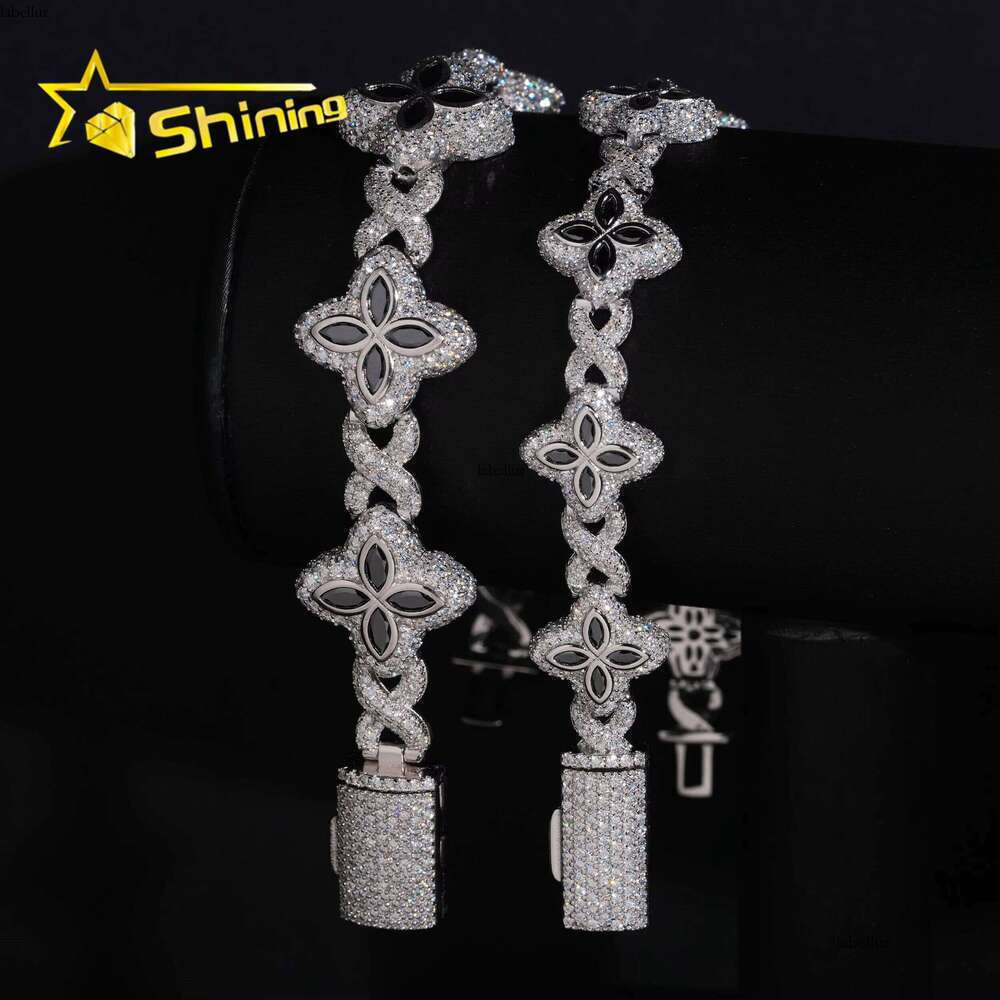 Hot Sale 15mm 18mm Black Color Clover Hip Hop Jewelry Sier Iced Out Infinity Moissanite Cuban Bracelet