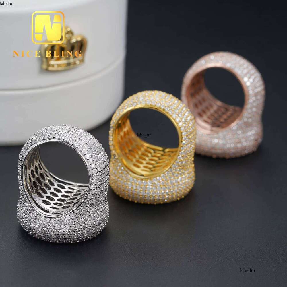 Stock Pass Tester Hip Hop Jewelry Sier Fully Iced Bubble Edge Round Dia Moissanite Men Ring