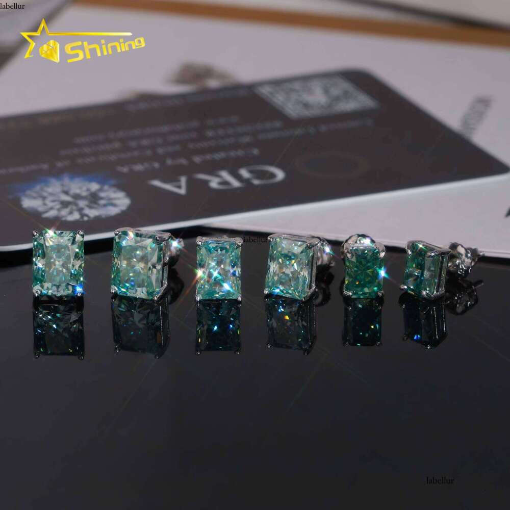 Fashion Jewelry Color Dia Blue Green Sier Screw Back Radiant Cut Moissanite Stud Earrings