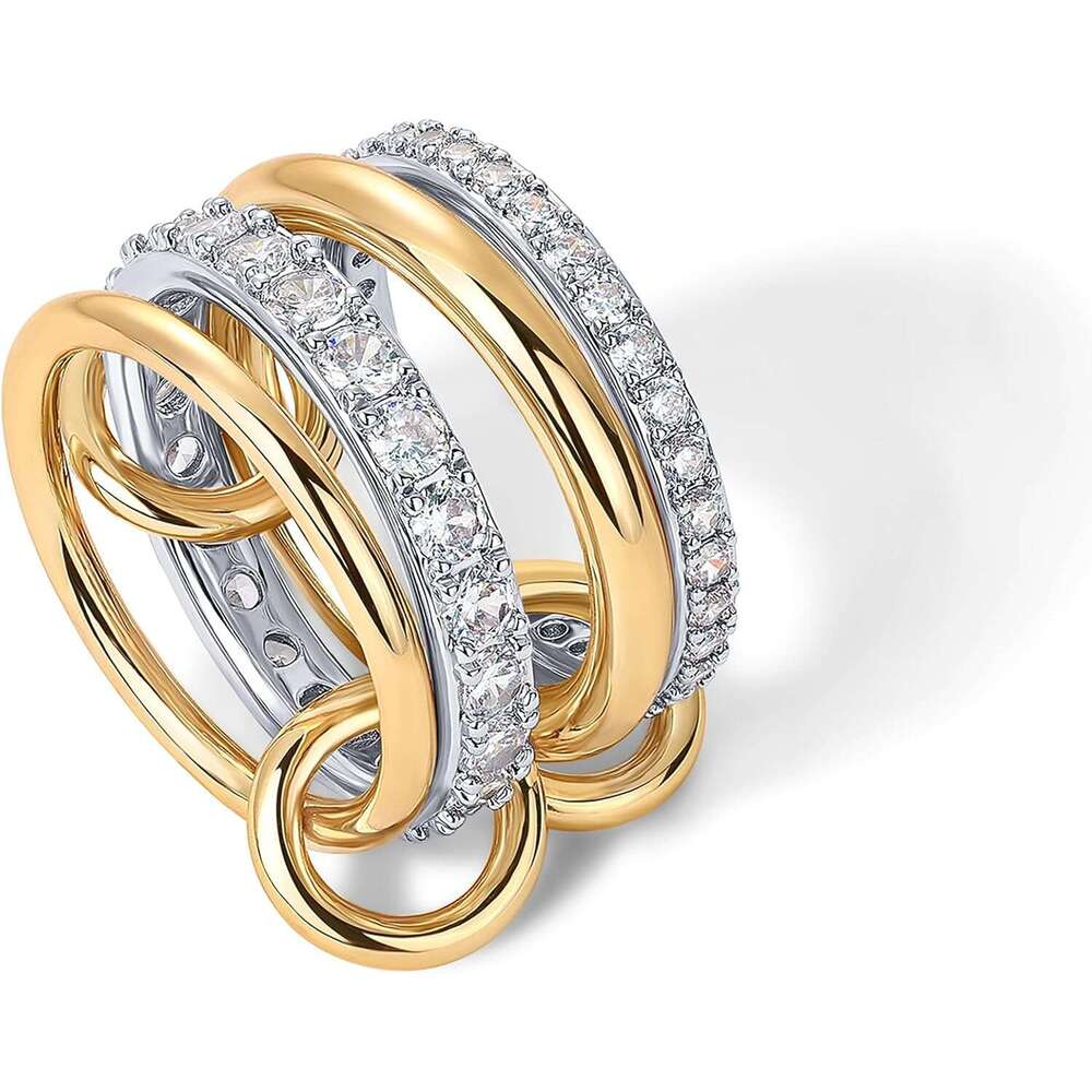 14K Gold Plated Interlocked Stackable Rings for Women Statement Mixed Metals Multi Ring Stack - Cubic Zirconia Two-Toned Connected Bands Stacking Jewe
