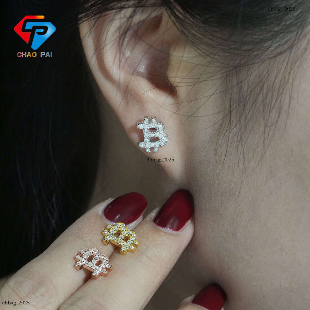 INS New Iced Out VVS Inlaid Moissanite Classic Bitcoin Simple Stud Earrings