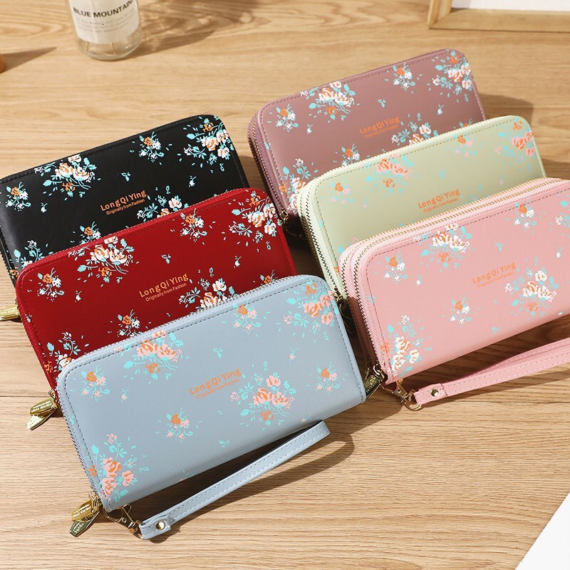 New Women's Long Versatile Double Zipper Luxury Bag Korean Style Student Floral Large Capacity Phone Bag Clutch Soft Coin Purse