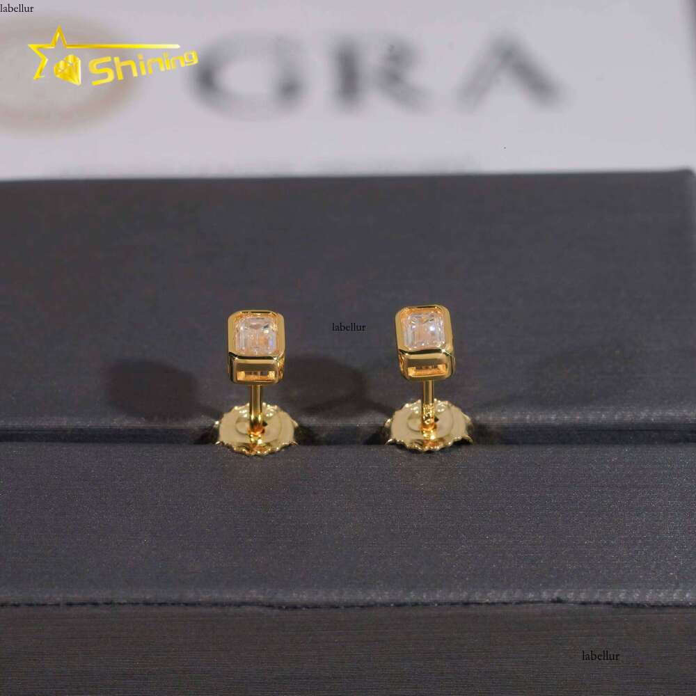 New Arrival Hip Hop Gold Plated Bezel Setting Emerald Cut Moissanite Sier VVS Dia Earrings