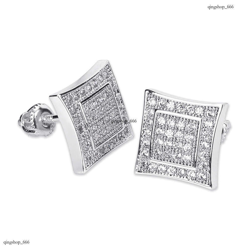 Hip Hop and Sier Unisex Full Zircon Square Trendy Stud Earrings Gold Jewelry