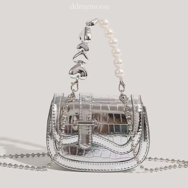 Summer Textured Niche Pearl Chain Crossbody Fashion Mini Silver Handbag for Girls 2025 New Trend ddmymoon