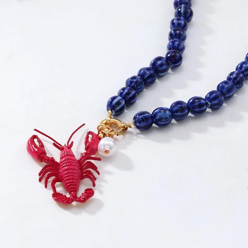 Exaggerated Red Lobster Blue Bead Necklace Handmade Imitation Pearl Summer Beach Fashion Accessory 250805