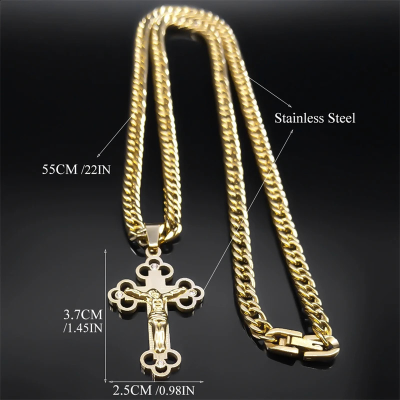 Hip Hop Cross Jesus Crucifixion Necklace for Men Women Gold Color Stainless Steel Cuban Link Chain Punk Rock Male Jewelry N8242S 250805