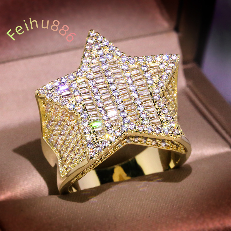 Hip Hop Rings for Men Five Star Rings Gold Silver Color Iced Out Moissanite Jewelry Ring Gifts for Couple Jewelry Women