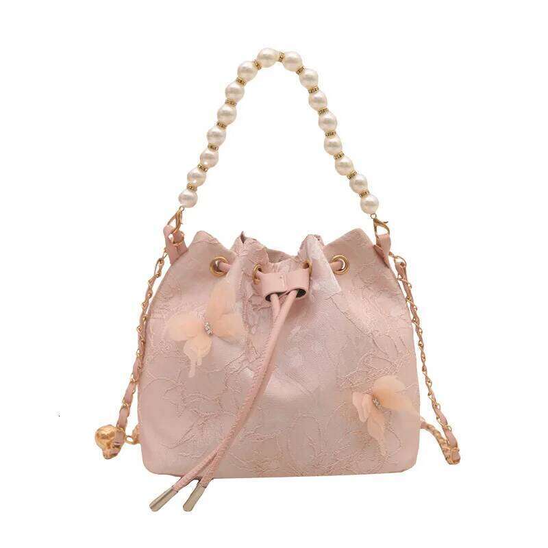 Sweet Butterfly Women Drawstring Bucket Shoulder Bags Versatile Ladies Crossbody Bag Clutch Fashion Girls Pearl Chain Handbags bag