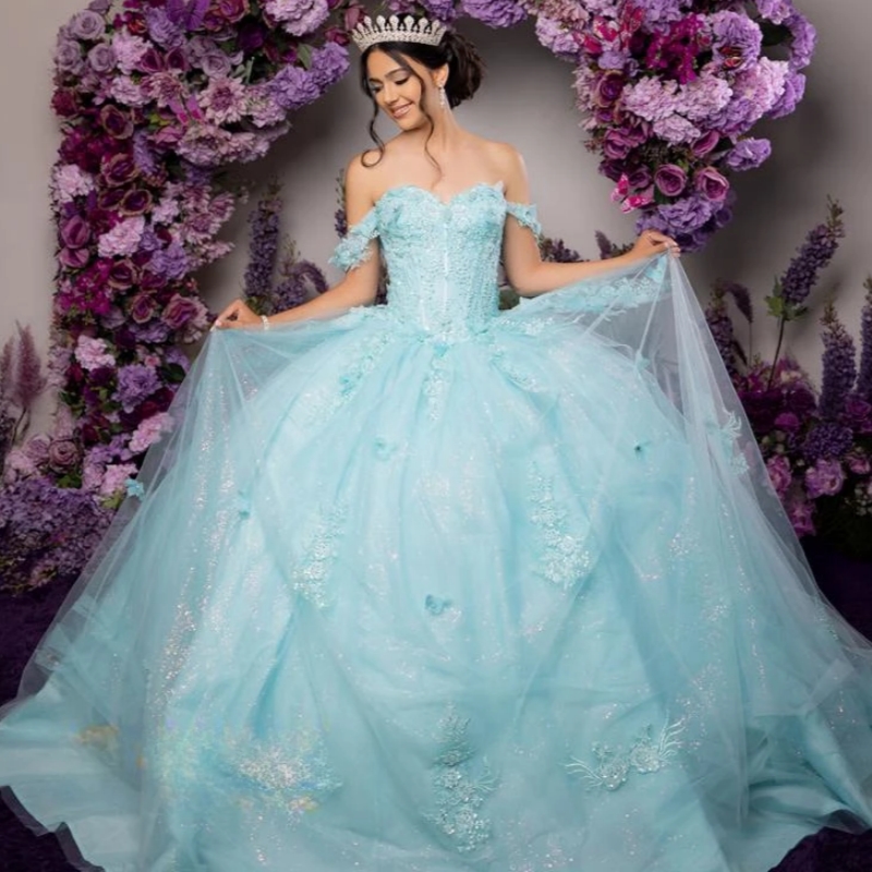 Water Blue Shiny Quinceanera Dresses Ball Gown Off Shoulder Applique Lace Beads Tulle Party Princess Vestidos 15 XV Anos Sweet 16 Dress