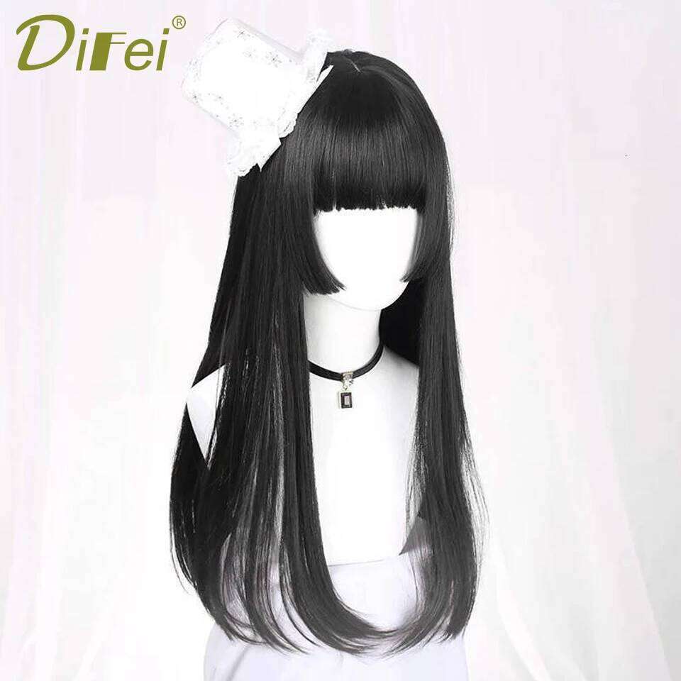 Natural Long Straight Synthetic Black With Bangs Lolita Cosplay Hair Wigs For Women Heat Resistant Fiber Daily Party Wig Fem