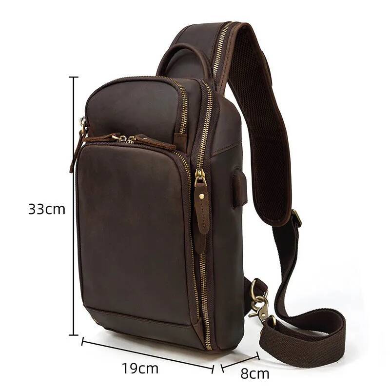 Genuine Leather Men's Chest bag Vintage cow leather USB Charging Summer Bag Travel Sling Shoulder Bags Crossbody bags