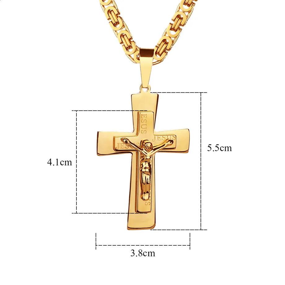 Mens Necklace Big Jesus Cross Pendant Chain Men Gold Color Stainless Steel Christian Crucifix Necklace Male Religious Jewelry 250805