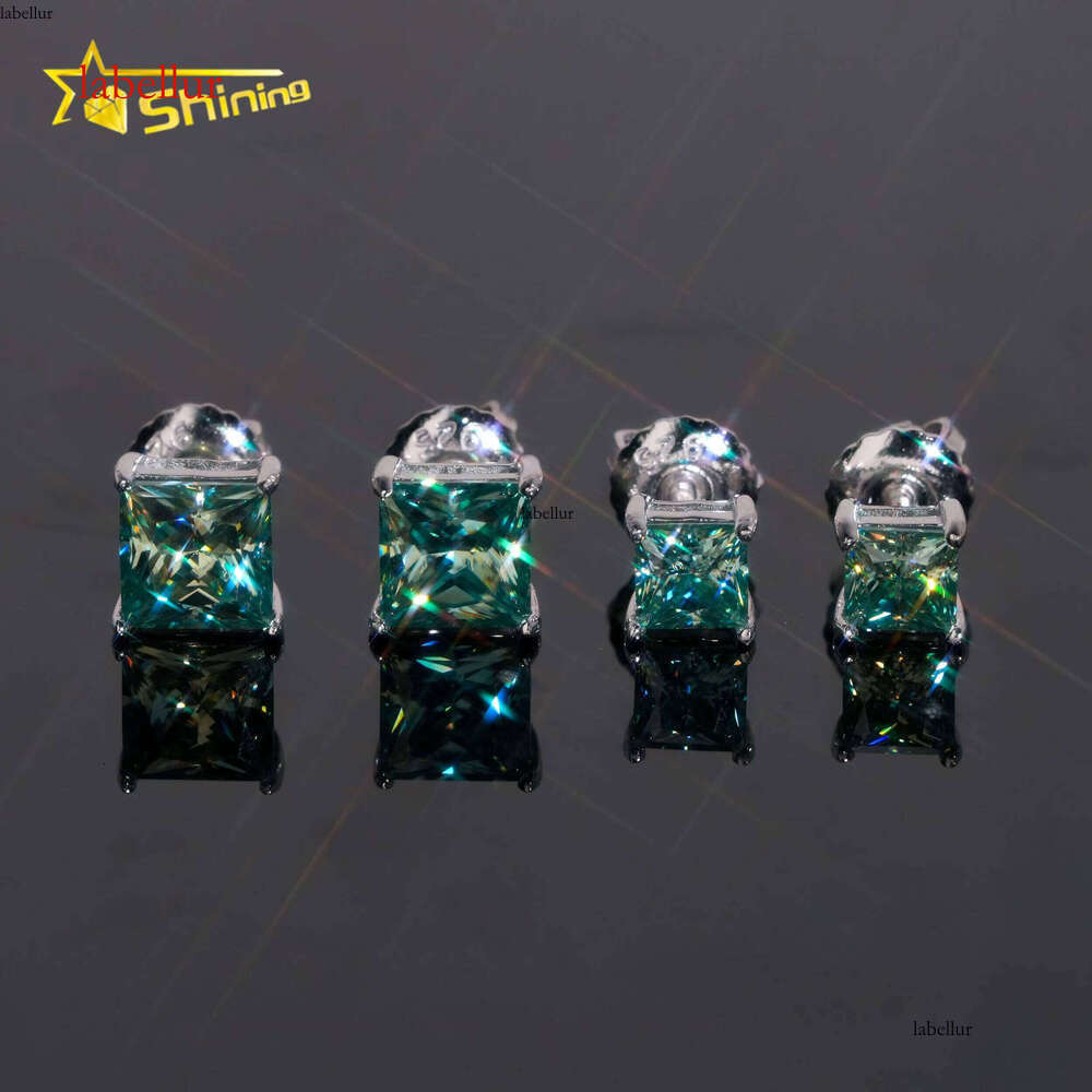 Classic Dia Earring Blue Green Princess Cut Mens Sterling Sier Square Moissanite Stud Earrings
