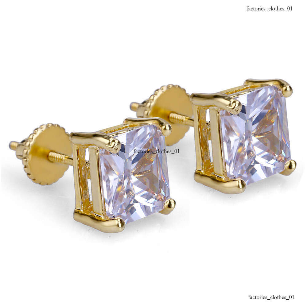 New Gold-Plated Micro-Paved Square Zircon Threaded Earrings Hiphop 6mm Ear Jewelry