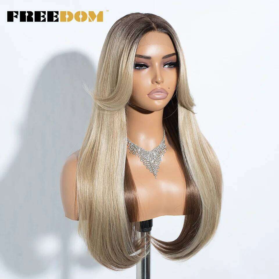 FREEDOM Straight Synthetic Front Wigs For Women 24 Inches Long Lace With Bangs Ombre Brown Blonde Highlight Cosplay Wig