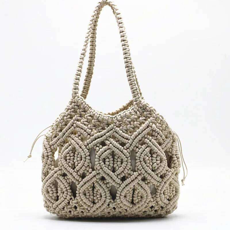 2025 Fashion Hand-woven beach holiday Shoulder handbag Hand tied cotton thread straw woven bag