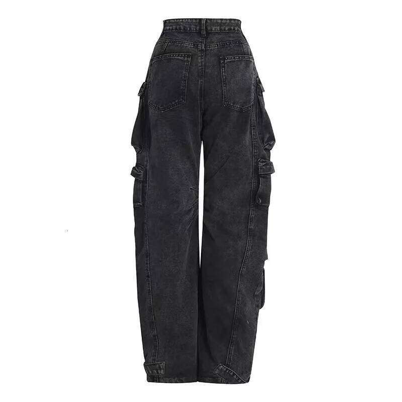 Trendy Women's Denim Workwear Street Style Black & Grey Multi-Pocket Jeans | American Casual High-Waist Functional Design