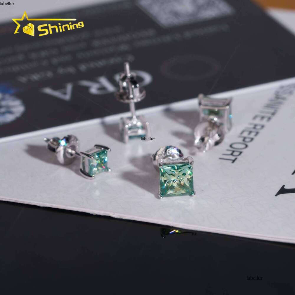 Classic Dia Earring Blue Green Princess Cut Mens Sterling Sier Square Moissanite Stud Earrings