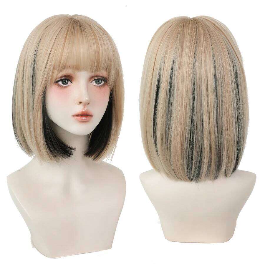 7JHH WIGS Short Bob with Bangs Highlight Siery Black Wig for Women Daily Cosplay Party Synthetic Hair Wigs Heat Resistant