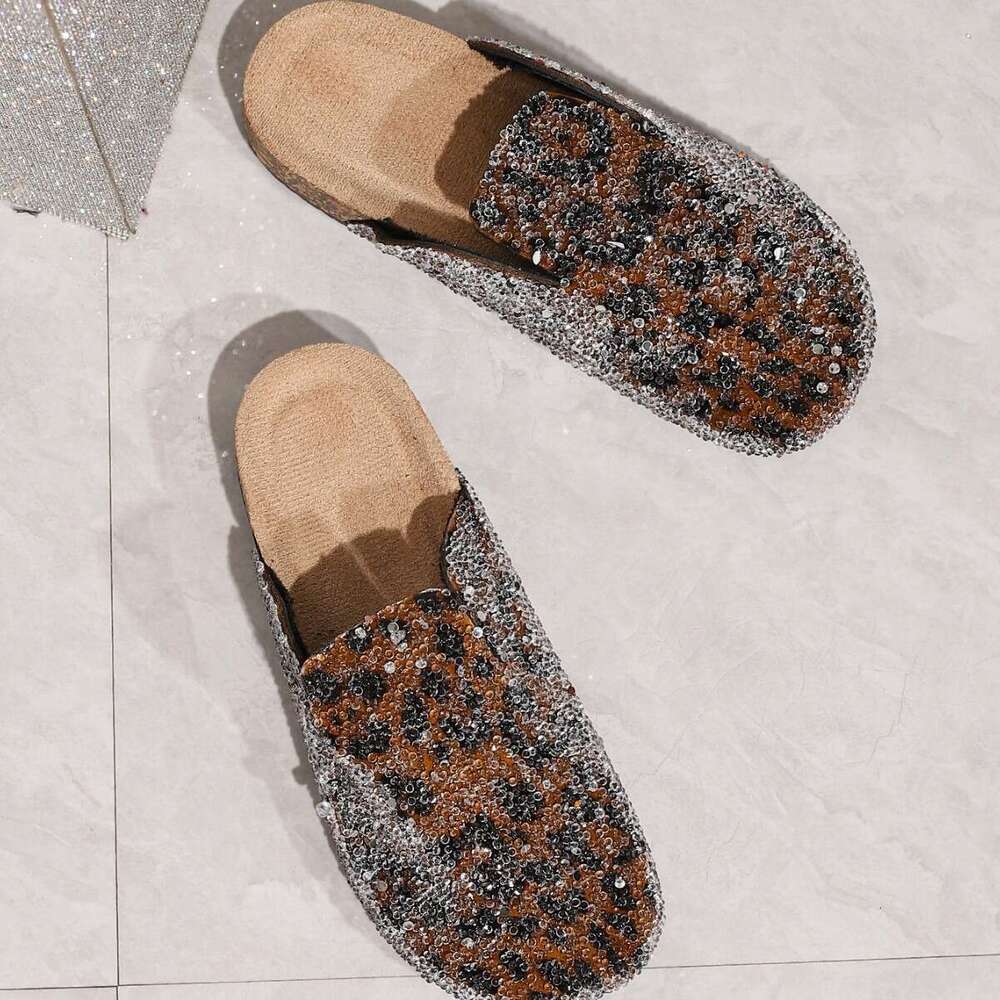 Pointed Toe Half Slip-On for Women Leopard Print Summer Outdoor Fashion Flat Sandals Soft Sole Internet Celebrity Lazy Women's Shoes