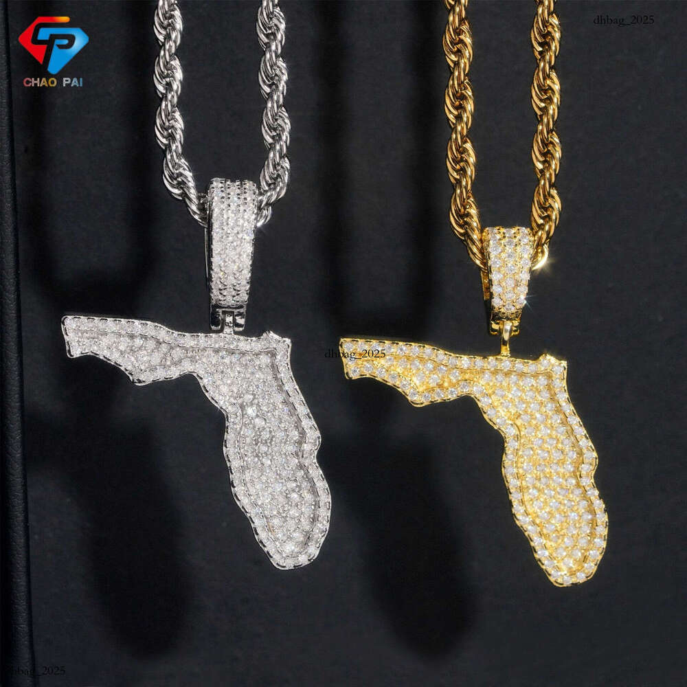 Hot Selling Sier Moissanite Hiphop Full Dia Personalized Map Plate Pendant Can Be Worn With 5MM Tennis Chain
