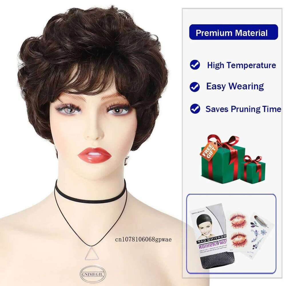 Women's Short Curly Hair Dark Brown Wigs with Bangs Natural Daily Fluffy Hairstyle Grandma Mommy Gift Wig Cosplay Party Use
