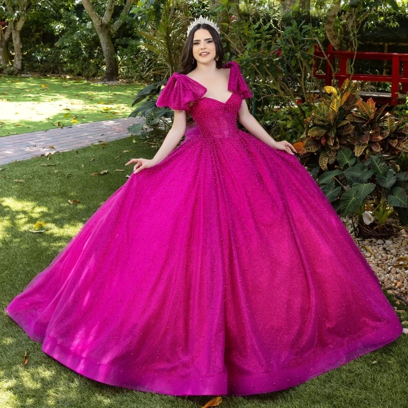 Rose Red Shiny Quinceanera Dresses Off The Shoulder Beading Pearl Tull Ball Gown Birthday Party Sweet 16 Dress Vestidos De Anos