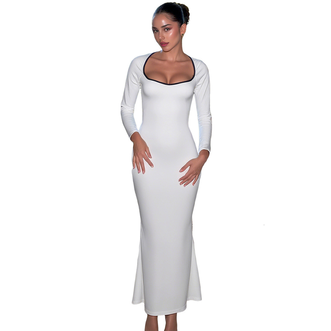 2025 Autumn New Sexy Low Neck Slim Fit Long Sleeve Color Block Slit Long Dress Womens Clothing