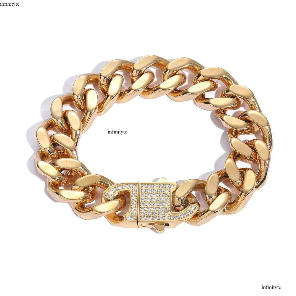 Hip Hop Jewelry High Polish Miami Link Iced Out Clasp Gold Plated Stainless Steel Cuban Bracelet for Men