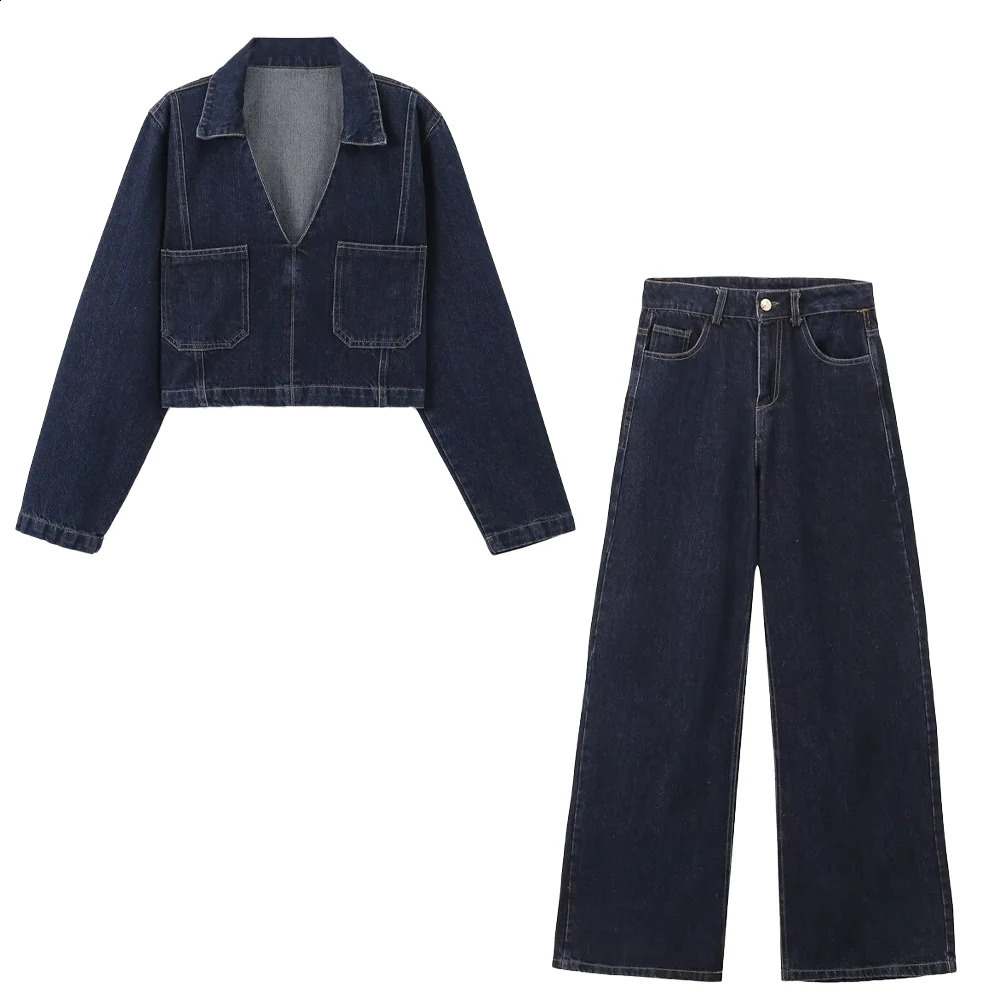 Taop Za Autumn Product Womens Fashion Casual Collar Long Sleeve Short Denim Shirt High Waist Wide Leg Jeans Set 250808