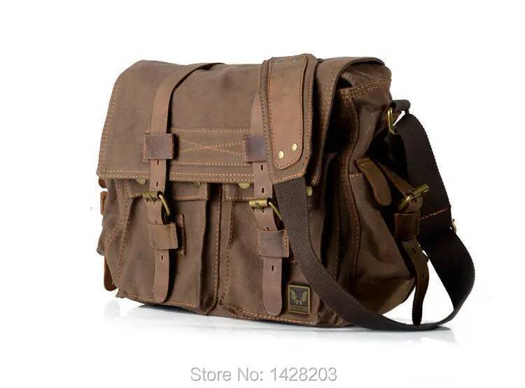 Retro Vintage Cotton + Real Leather Men's Messenger Shoulder Military Canvas Crossbody Male Casual Sling Bag