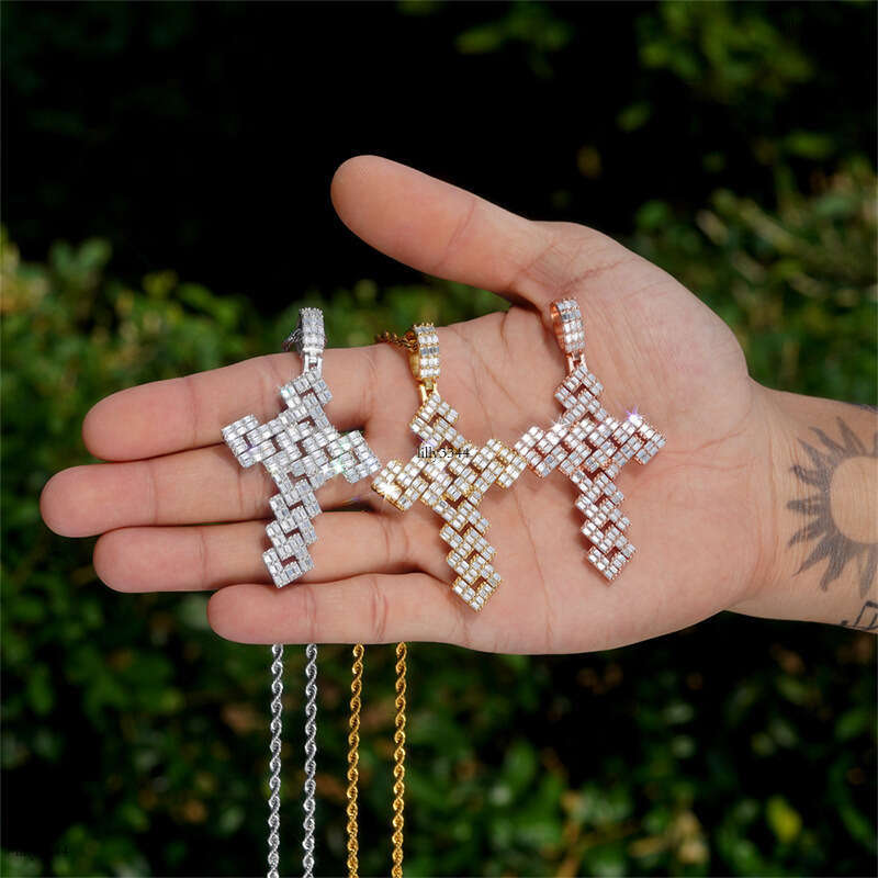 Full Sterling Silver Inlaid Moissanite chain Cross Personality Hip-Hop Jewelry Unisex Accessories Necklace Pendant
