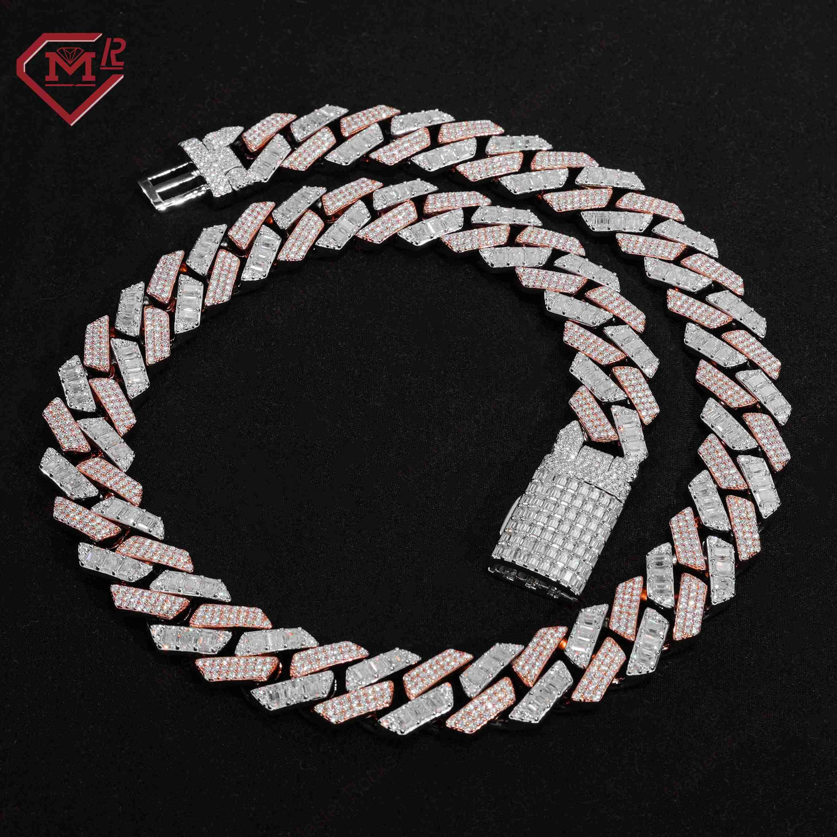Two Tone Cuban Chain Necklace Round Brilliant Cut Baguette Cut Hiphop Custom Moissanite Pendant