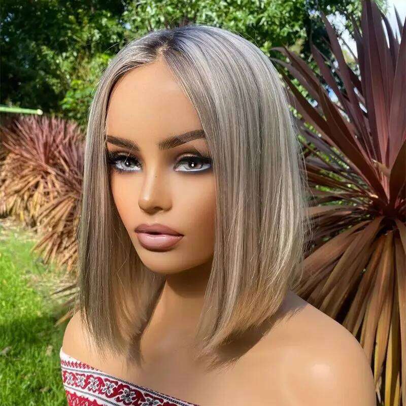 Glueless Wigs Ash Blonde Synthetic HD Lace Front Wig Balayage Pre Plucked Hairline Heat Resistant Short Straight Bob For Women