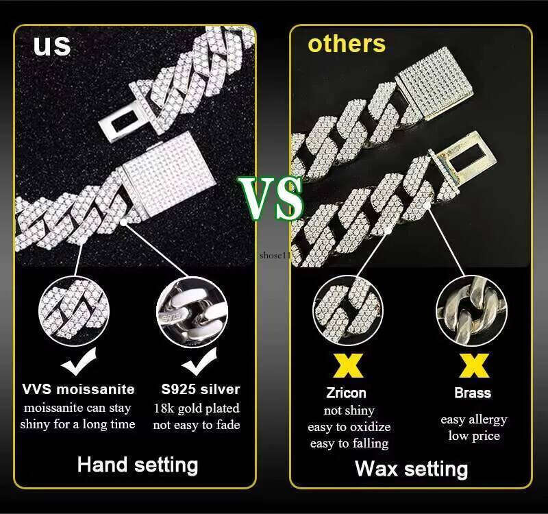 Factory Price High Quality 8mm 10mm 12mm 2rows Moissanite Dia S Sterling Sier Cuban Link Chain for Men