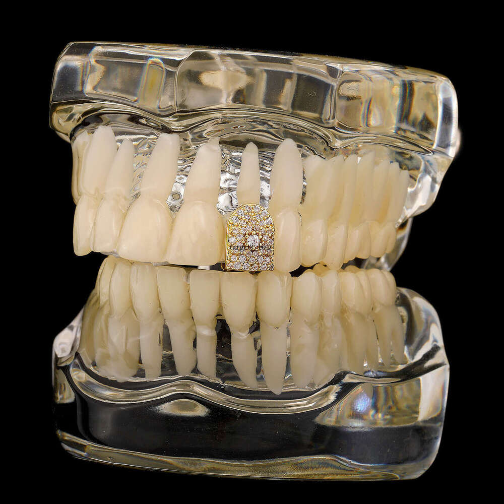 Hip-Hop Trend Full Dia Large Gold Single Zirconia Teeth Grillz Men's Versatile Accessories